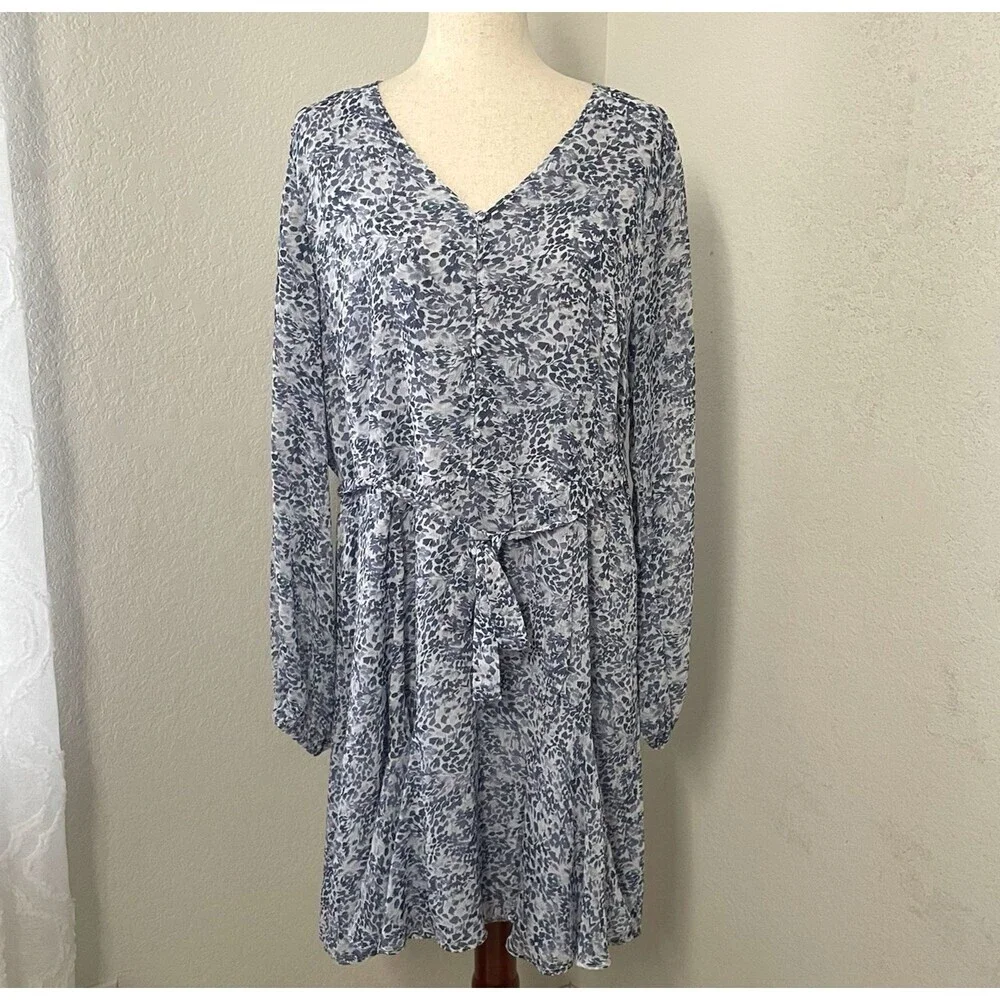 Express Women’s xL Floral Dress Short Tie Waist Blue Chiffon Long Sleeve Girly - Picture 3 of 11